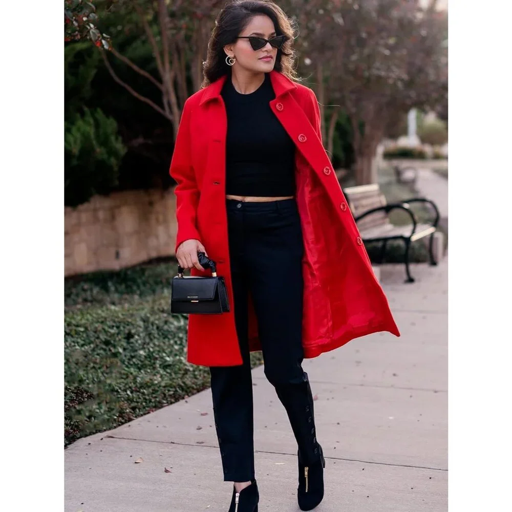 Women's Red Wool Trench Coat Winter Long Thick Overcoat Walker Coats - Picture 2 of 5